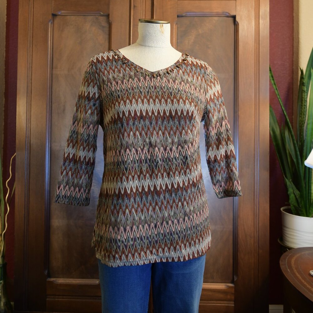 Multiples Brand Women's Zigzag Knit Top Brown and Tan Size M